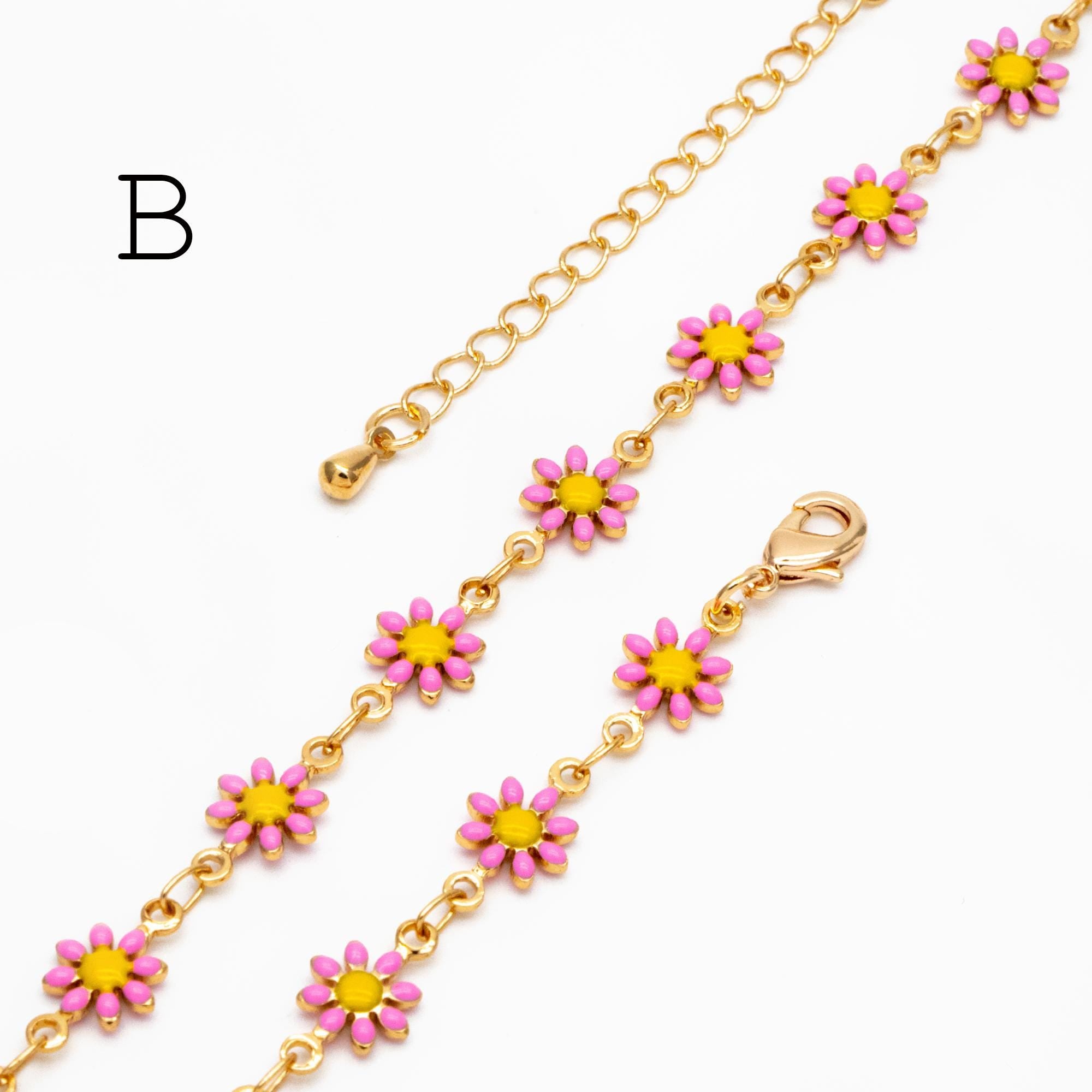 Gold Enamel Flower Chain, White Daisy Chain, Finished Bracelet/ Anklet/ Necklace with Extender Chain, Ready to Wear (#LK-578-1)